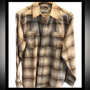 Thorogood Brown Tan Wide Plaid Shirt Pearl Snap Mens M Western Flap Pockets Soft